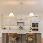 2-Light Gold Modern Linear Chandelier, 55 Inch Farmhouse Kitchen Island Lighting with White Fabric Shades, Dining Room Light Fixtures for Living Room Bedroom, Height Adjustable