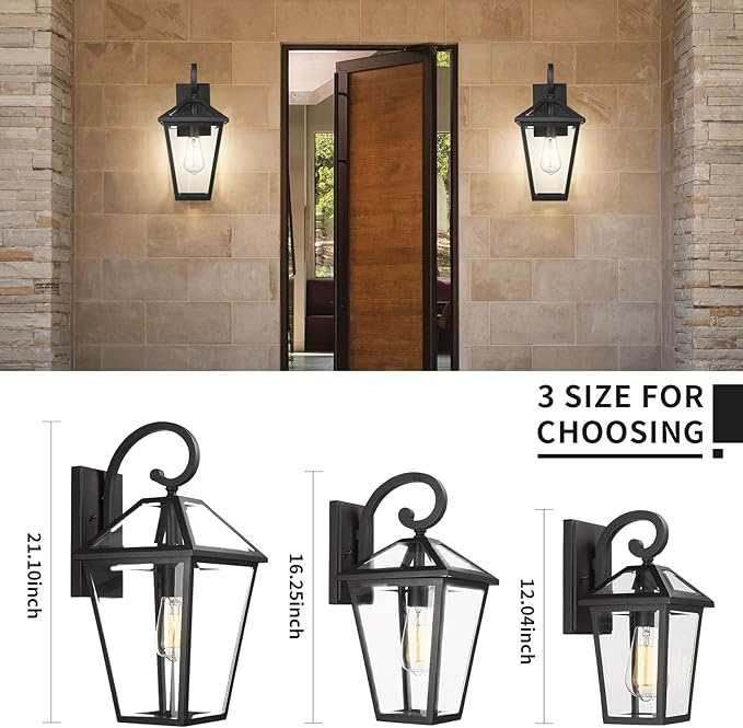 Outdoor Wall Light Fixtures, Waterproof Exterior Wall Lanterns with Glass, Outside Wall Sconces, Front Porch Lights for House Garage Doorway Patio 7H1B-M-2PK BK