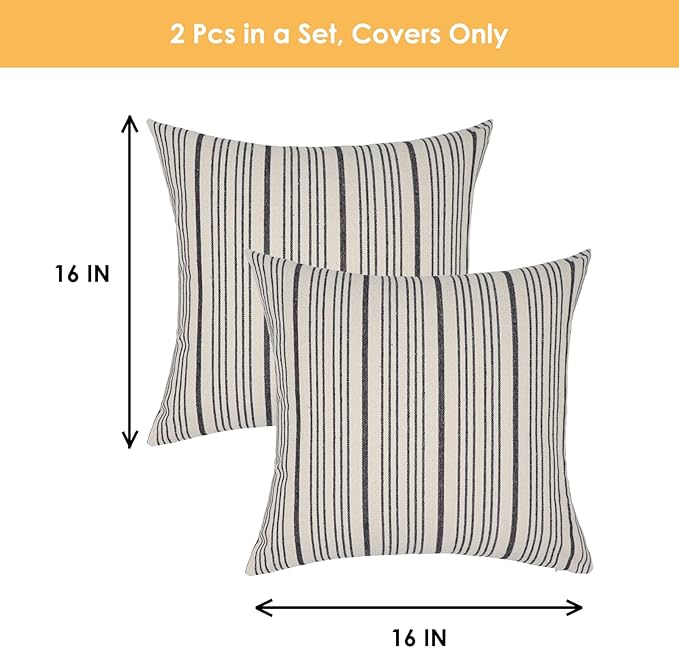 Black Pillow Covers Farmhouse Linen Throw Pillow Covers Striped Outdoor Decorative Square Throw Pillows for Couch Sofa Bed 16x16 in Pack of 2 Black and Cream