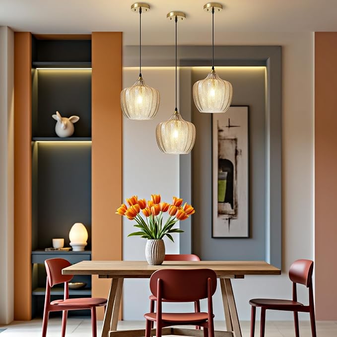 Modern Gold Pendant Light, Amber Glass Farmhouse Kitchen Island Pendant Light Fixture Adjustable Vintage Hanging Ceiling Light for Dining Room Corridor Bedroom 9.45 inch