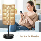 Touch Table Lamp Set of 2 For Bedroom with Bulb, Boho Small Desk Lamp For Living Room With Rattan & Linen Shade, 3 Way Dimmable Bedside Table Lamp For Nightstand With USB Charging Port & Phone Stand