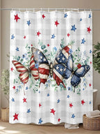 4th of July Shower Curtain, Patriotic Stars Butterfly Shower Curtains Set with Hooks, Eucalyptus Leaves Plaid Independence Day Waterproof Bathroom Curtains Decor Home Accessories,Stall 48 X 72 Inch