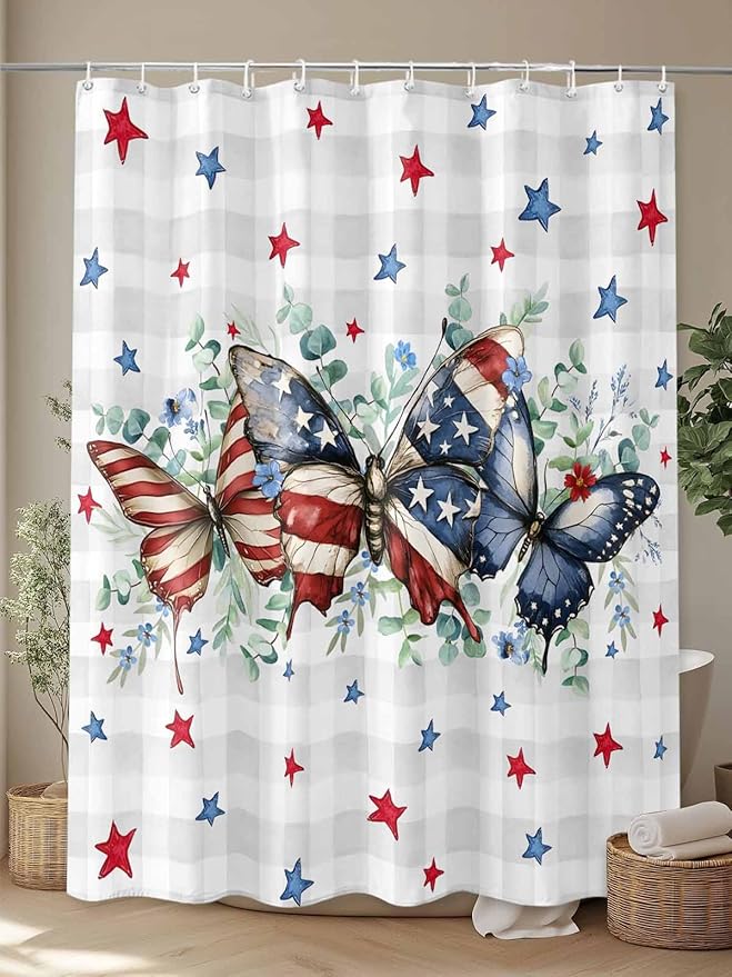 4th of July Shower Curtain, Patriotic Stars Butterfly Shower Curtains Set with Hooks, Eucalyptus Leaves Plaid Independence Day Waterproof Bathroom Curtains Decor Accessories,72 X 84 Inch Extra Long