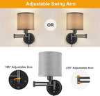 Dimmable Plug in Wall Sconces, Swing Arm Wall Lamp, Wall Sconces Set of Two, Plug in Wall Light, Sconces Wall Decor Set of 2, Grey Fabric Shade, 2pcs Bulbs Included