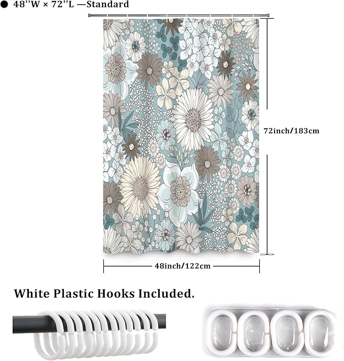 Floral Shower Curtain Rustic Various Floral Plant Curtain for Bathroom Tropical Botanical Farmhouse Waterproof Decor Shower Curtain with Hooks 48x72Inch