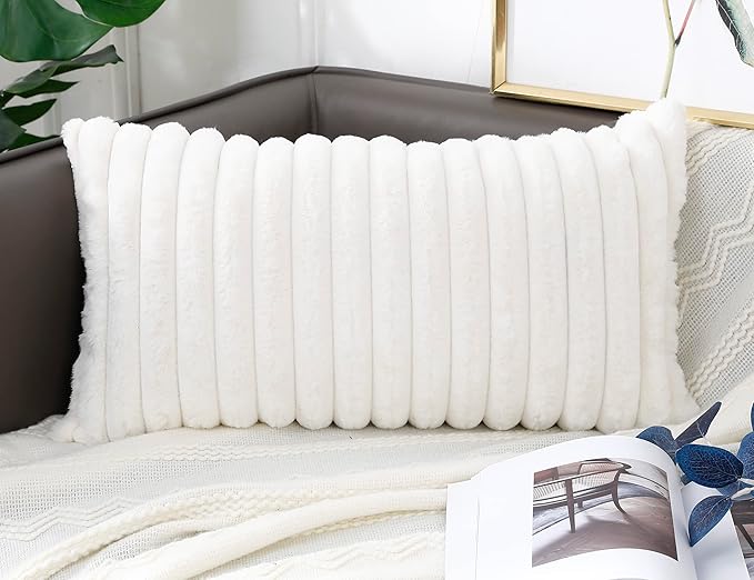 PANOD Faux Fur Decorative Lumbar Throw Pillow Covers 14 x 26,Long Boho Lumbar Pillow Covers Pillow Case Cushion Case for Bed Sofa Farmhouse Livingroom,White