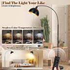 【Upgraded】Black Arc Floor Lamps for Living Room - Dimmable Arched Floor Lamp with Remote Control & 2700-6000K 9W LED Bulb Included, Modern Arch Standing lamp, Industrial Tall Lamp for Bedroom Reading