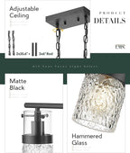 LMS 4-Light Island Lights, Farmhouse Light Fixtures with Hammered Glass Shade, Matte Black Linear Chandelier Pendant Lighting Over Table for Adjustable Height, Kitchen Island, LMS-171BK-4