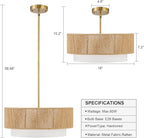 18'' Farmhouse Rattan Chandeliers for Dining Room,3-Light Boho Light Fixtures Rattan Pendant Light Fixture with Fabric Shade Drum Chandeliers for Bedroom Dining Room Foyer Kitchen Hallway