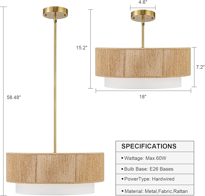 Rattan Farmhouse Chandeliers for Dining Room，Rattan Pendant Light Fixture Boho Light Fixtures with Fabric Shade Chandeliers for Bedroom Dining Room Foyer Kitchen Hallway Farmhouse（Gold）