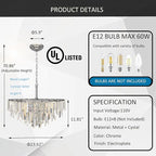 Chrome Crystal Chandelier for Dining Room, 24" Modern Round Chandeliers 5-Tier 8 Lights Adjustable Ceiling Light Fixture K9 Raindrop Crystal Pendant Lamp for Living Room Bedroom Foyer