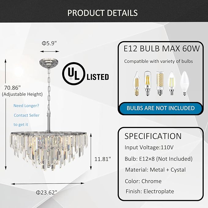 Chrome Crystal Chandelier for Dining Room, 24" Modern Round Chandeliers 5-Tier 8 Lights Adjustable Ceiling Light Fixture K9 Raindrop Crystal Pendant Lamp for Living Room Bedroom Foyer