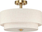 XiNBEi Lighting 16inch Semi Flush Mount Ceiling Light, 3-Light Brass Double Drum Light Fixture with Linen Shade Close to Ceiling Lamp for Bedroom Living Room Kitchen XB-SF1289-BS