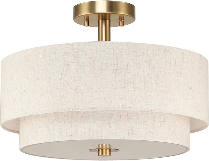 XiNBEi Lighting 16inch Semi Flush Mount Ceiling Light, 3-Light Brass Double Drum Light Fixture with Linen Shade Close to Ceiling Lamp for Bedroom Living Room Kitchen XB-SF1289-BS
