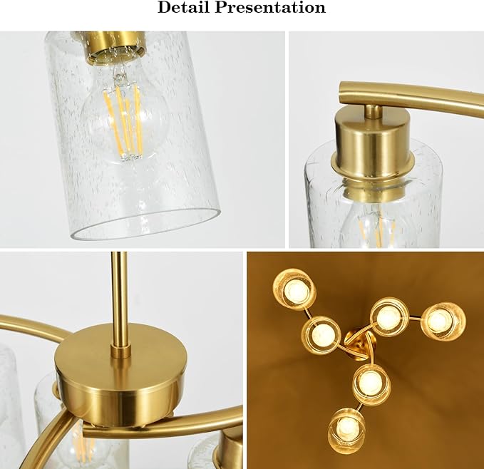 Modern Chandeliers for Dining Room 6-Light Gold Chandelier Seeded Glass Pendant Lights Kitchen Island for Living Room Foyer Bedroom E26 Base