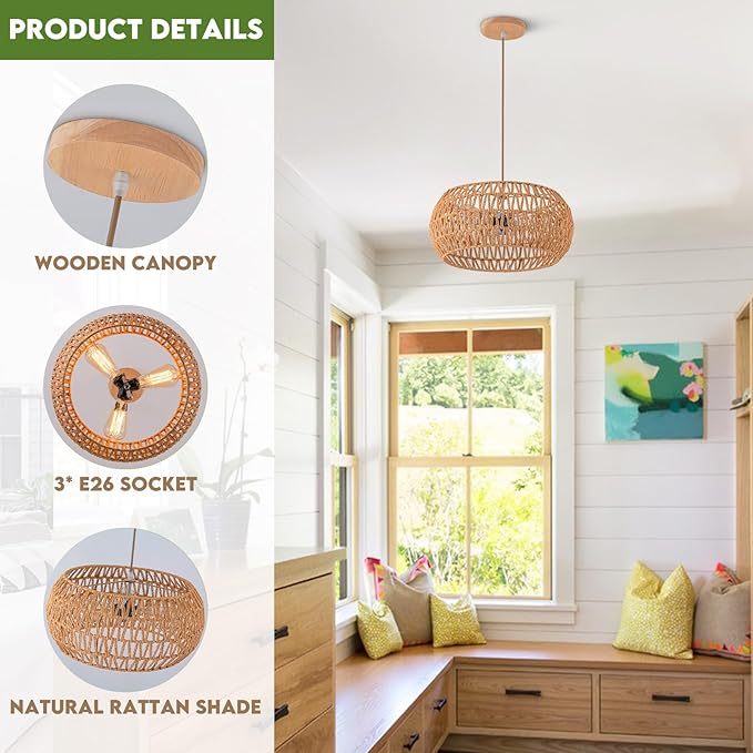 Rattan Light Fixture Dinning Room Pendant Light Boho Chandelier Hanging Light Ceiling Mount Hand Woven Lamp Shade 3-light Drum Chandelier Basket Light for Bedroom Hallway Kitchen Island Light Fixture