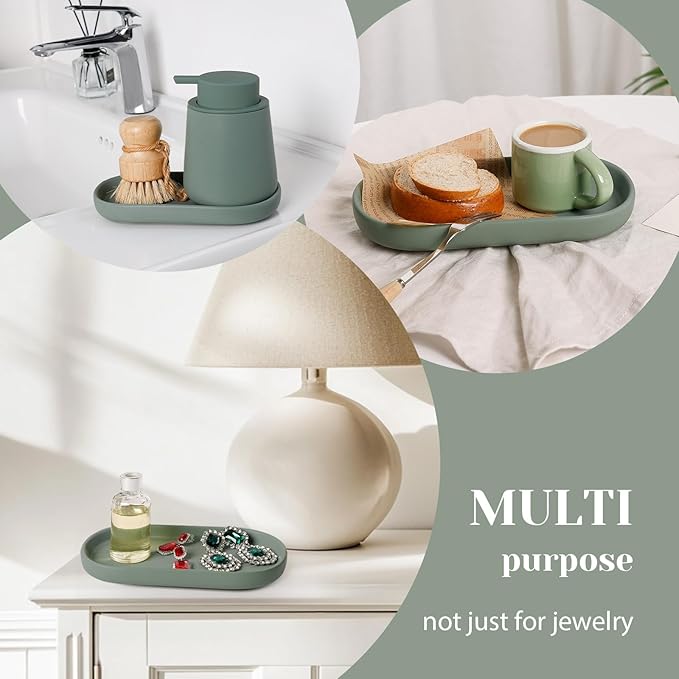 Ceramic Jewelry Tray – Oval Vanity Dish for Rings, Earrings, Bracelets – Minimalist Decorative Trinket Holder for Dresser, Bathroom, Nightstand – Matte Green