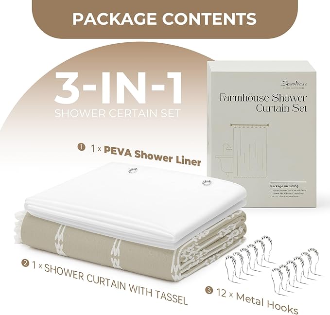 downluxe Linen Texture 3 in 1 Farmhouse Shower Curtain Set with Tassel, Boho Fabric Shower Curtains for Bathroom, Taupe, 72W x 84L