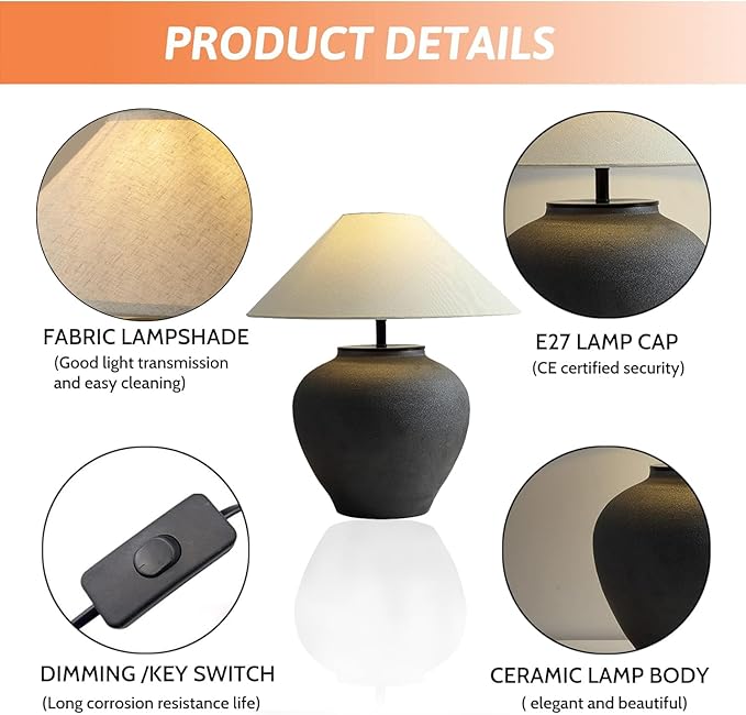 Farmhouse Table Lamps Black 18.8" Tall Ceramic Table Lamp Rustic Southwestern Clay Pot Ceramic Lampshade with Fabric Shade Bedside Nightstand for Living Room Bedroom House Office Entryway (Black)