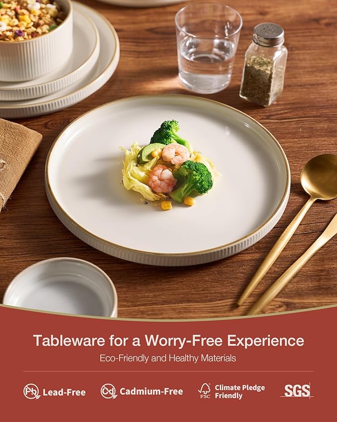Famiware Star Dinnerware Set, Plates and Bowls Sets for 8 (24pcs), Ribbed Stoneware Dishes - Chip & Scratch Resistant, Microwave & Dishwasher Safe Tableware, White