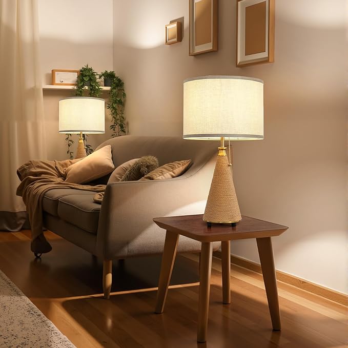 Rattan Lamp Boho Table Lamp - 23.62" Bedside Table Lamps for Bedroom Rustic Handmade Woven Lamp Nightstand Lamps with Pull Chain for End Table, Living Room, Farmhouse - E26 Socket (Beige-2PCS)