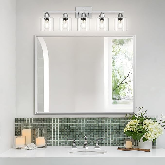 Modern Brushed Nickel 5 Light Bathroom Vanity Light, 31 inch Bathroom Light Fixtures with Clear Glass for Mirror Kitchen Living Room Hallway Cabinet Porch