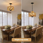 12.5” Rattan Pendant Light Fixtures, 4-Light Boho Chandelier with Woven Drum Shade, Farmhouse Dining Room Ceiling Hanging Lamp, Small Wicker Coastal Pendant Lighting for Kitchen Island Hallway