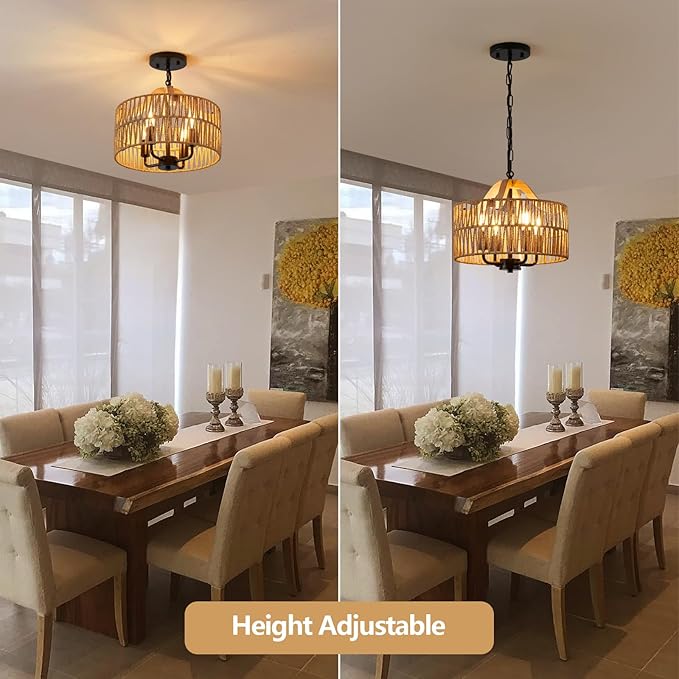 12.5” Rattan Pendant Light Fixtures, 4-Light Boho Chandelier with Woven Drum Shade, Farmhouse Dining Room Ceiling Hanging Lamp, Small Wicker Coastal Pendant Lighting for Kitchen Island Hallway