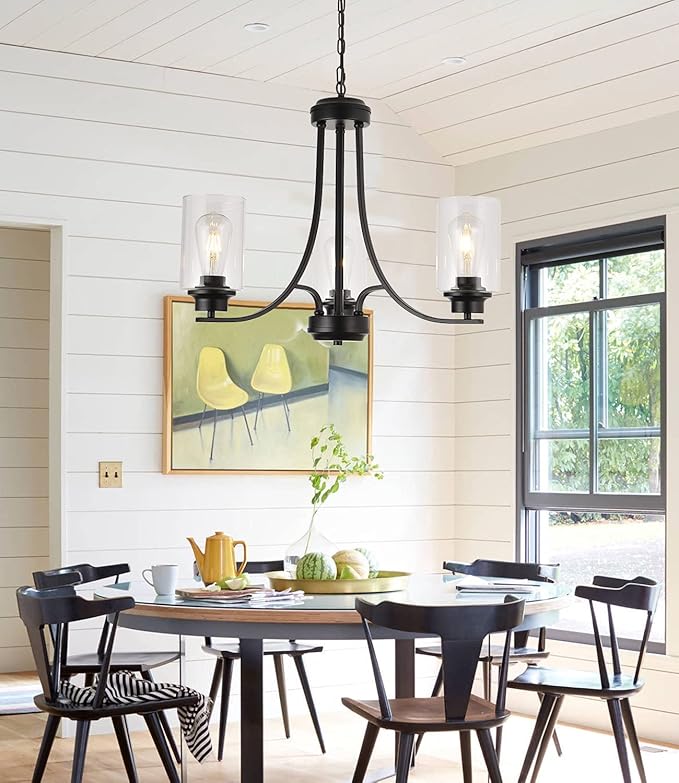 3 Lights Black Traditional Chandelier Rustic Kitchen Island Lighting Fixtures Hanging Clear Glass Cylinder Pendant Lights Classic Ceiling Light for Dining Room Bedroom Foyer