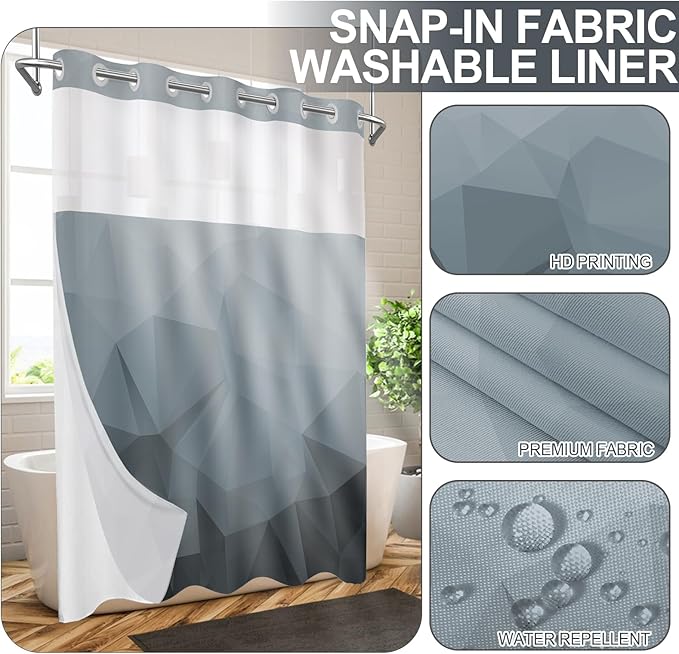 No Hook Shower Curtain with Snap in Liner and Sheer Window, Grey Modern Geometric Fabric Shower Curtain Set for Bathroom Decor, 15-Second Quick Install, Abstract Irregular Ombre, 71"X74"