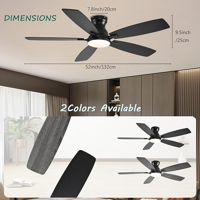 52inch Flush Mount Ceiling Fans with Lights and Remote Control/APP Control, DC Reversible Motor, Noiseless, Dimmable, Low Profile Black Ceiling Fan for Bedroom Indoor/Outdoor Use