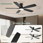 52inch Flush Mount Ceiling Fans with Lights and Remote Control/APP Control, DC Reversible Motor, Noiseless, Dimmable, Low Profile Black Ceiling Fan for Bedroom Indoor/Outdoor Use