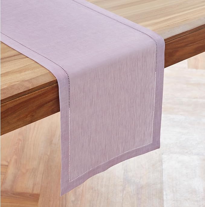 Solino Home Linen Table Runner 108 Inches Long - 100% Pure Linen Chambray Lavender Table Runner 14 x 108 Inch for Thanksgiving, Holiday - Milan Hemstitch