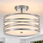 Drum Semi Flush Mount Ceiling Light Fixture Vintage 12.2" Modern Farmhouse 2-Lights Linen Drum Ceiling Lighting Rustic Chrome Ceiling lamp for Dining Room, Bedroom, Laundry Room