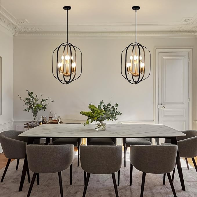 Black and Gold Chandelier for Dining Room, 8-Light Farmhouse Entryway Light Fixture Adjustable Pendant Lights Kitchen Island Rustic Kitchen Chandelier for Entryway, Living Room, Foyer