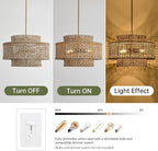 17.7” Boho Rattan Chandelier Light Fixture 4-Light Hand Woven Rustic Chandeliers with Wicker Shade, Farmhouse Chandelier Hanging Light for Dining Room Kitchen Island, Living Room, Foyer