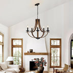 Farmhouse Chandeliers for Dining Room Light Fixture, 5-Light 24 inch Faux Wood Texture Hanging Lighting Fixtures, Rustic Candle Chandeliers for Living Room Kitchen Island Foyer Entryway