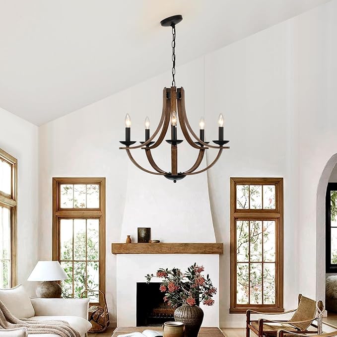 Farmhouse Chandeliers for Dining Room Light Fixture, 5-Light 24 inch Faux Wood Texture Hanging Lighting Fixtures, Rustic Candle Chandeliers for Living Room Kitchen Island Foyer Entryway