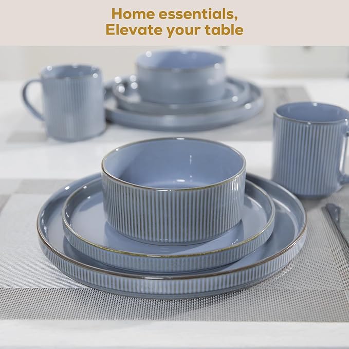 Romswi Ceramic 18Pcs Dinnerware Sets,Stoneware Plates and Bowls Set for 6, Chip & Scratch Resistant Ribbed Dish Set, Handmade Reactive Glaze, Oven, Microwave & Dishwasher Safe, Gray Blue