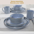 Romswi Ceramic 18Pcs Dinnerware Sets,Stoneware Plates and Bowls Set for 6, Chip & Scratch Resistant Ribbed Dish Set, Handmade Reactive Glaze, Oven, Microwave & Dishwasher Safe, Gray Blue