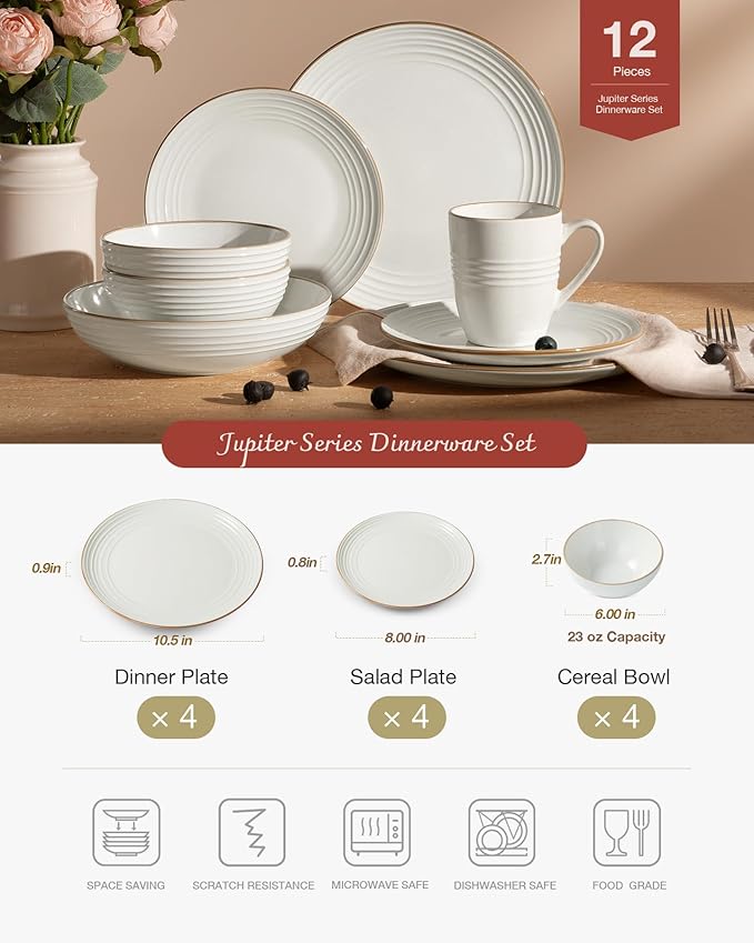Famiware Jupiter Dinnerware Set, Plates and Bowls Dish Sets for 4 (12 Pieces), Microwave and Dishwasher Safe Stoneware Speckled Tableware, Chip and Scratch Resistant, White