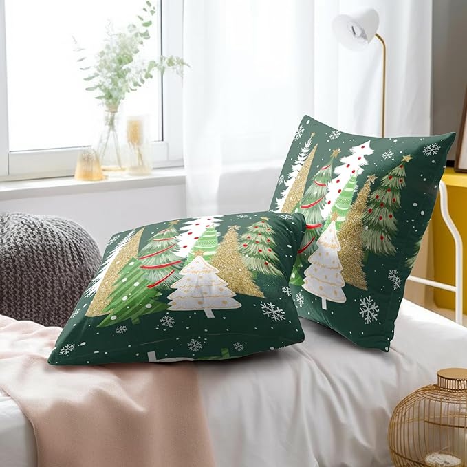 Christmas Throw Pillow Covers 20x20 Set of 2, Gold Green Xmas Trees Decorative Throw Pillows Seasonal Winter Soft Cotton Cushion Case for Sofa Couch Farmhouse Home Decor