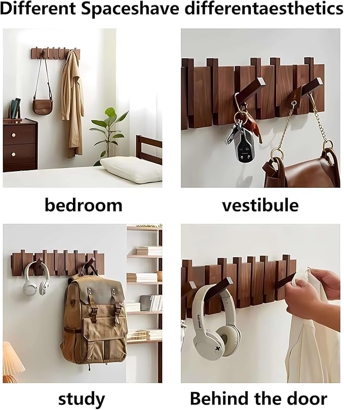 Wall Mounted Piano Key Hanger | Flip Style Hook | Entrance Wall Art Hook, Made of Oak Wood (3 Times Painted, 4 Times Polished) (Arc Walnut, 10Hooks)