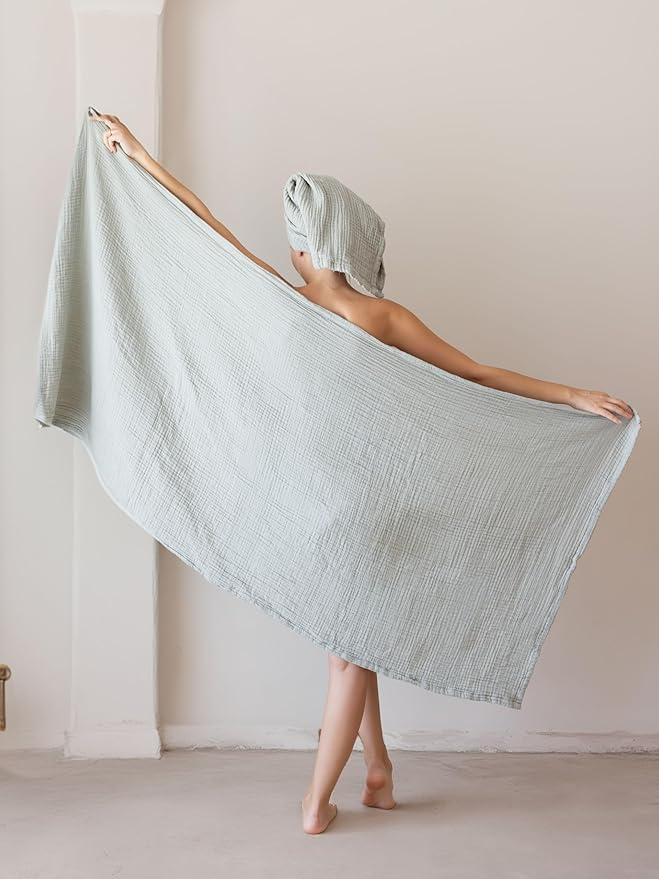 4 Pieces Muslin Towel Set for Bathroom, Luxury 100% Turkish Cotton Thin Soft Quick-Dry Lint-Free Large Size Bath Hand Towel Sets (Sage Green, 2 Bath & 2 Hand Towel Set)