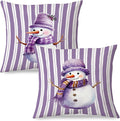 JINYO Purple Christmas Snowman Pillow Covers 18x18 Set of 2, Purple Christmas Decor, Preppy Winter Snowman Striped Throw Pillow Covers for Couch Living Room Bedroom