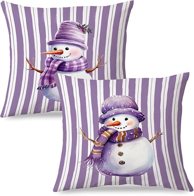JINYO Purple Christmas Snowman Pillow Covers 18x18 Set of 2, Purple Christmas Decor, Preppy Winter Snowman Striped Throw Pillow Covers for Couch Living Room Bedroom