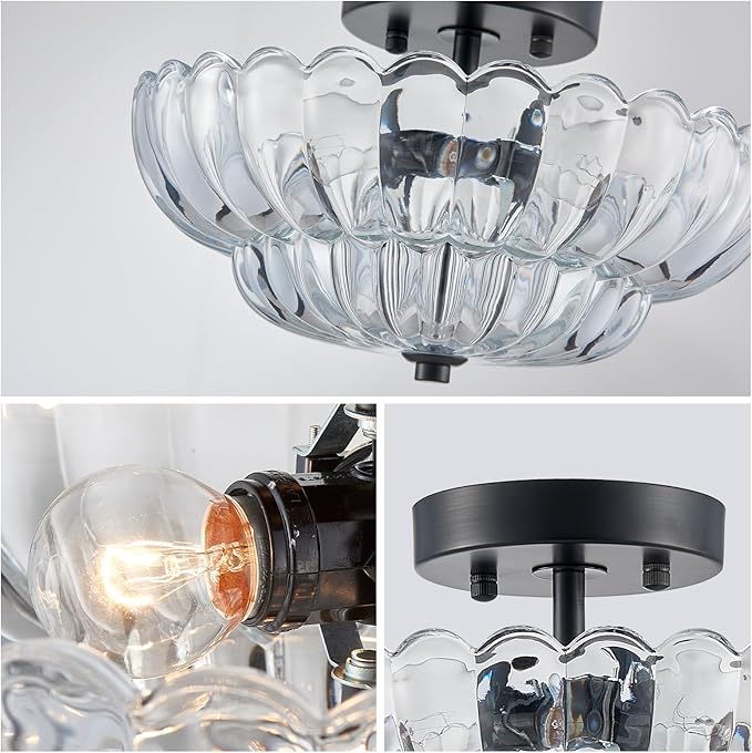 XINGQI Semi Flush Mount Ceiling Light Fixture Modern Black 3-Light Scalloped Glass Close to Ceiling Lighting for Living Room Entryway Bedroom Closet Hallway (Bulb Not Included)