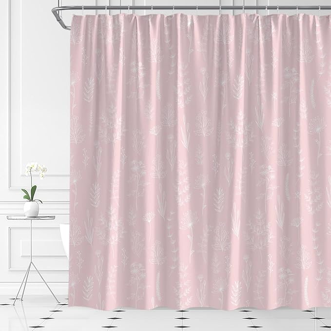 Pink Botanical Shower Curtain Vintage Herbs Floral Farmhouse Cute Boho Leaves Plant Retro Flowers Bathroom Curtain Set with Hooks(70" Wx84 H)