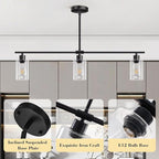 Kitchen Island Lighting, 3 Lights Linear Chandeliers Rectangle Pendant Light Fixtures for Dining Room Farmhouse Hanging Light with Glass Shades(Black)