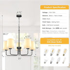Farmhouse Chandelier, 5-Light Black Chandelier with White Fabric Shade, Height Adjustable Modern Dining Room Light Fixture with E26 Base for Bedroom Foyer Hallway Entryway Kitchen Living Room